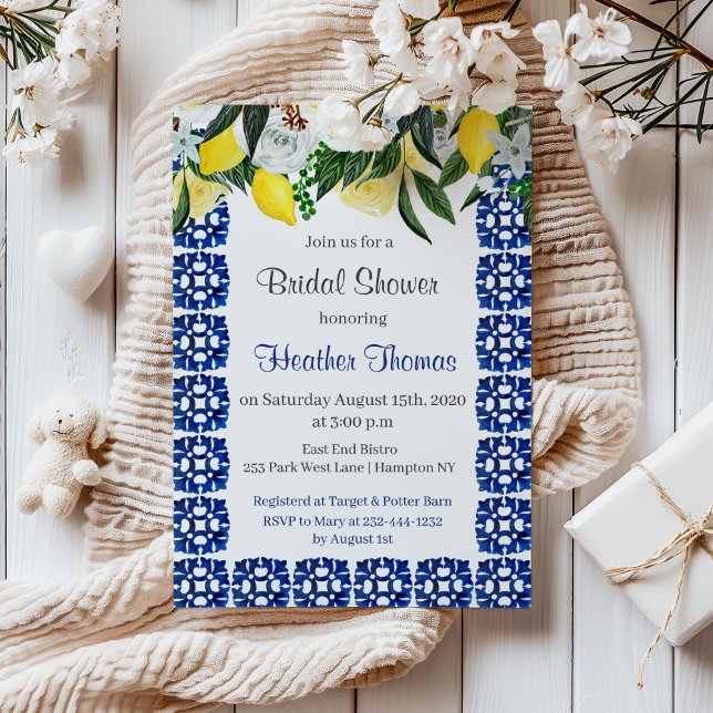 Mediterranean Lemons Blue Tile Bridal Shower Invitation (Creator Uploaded)