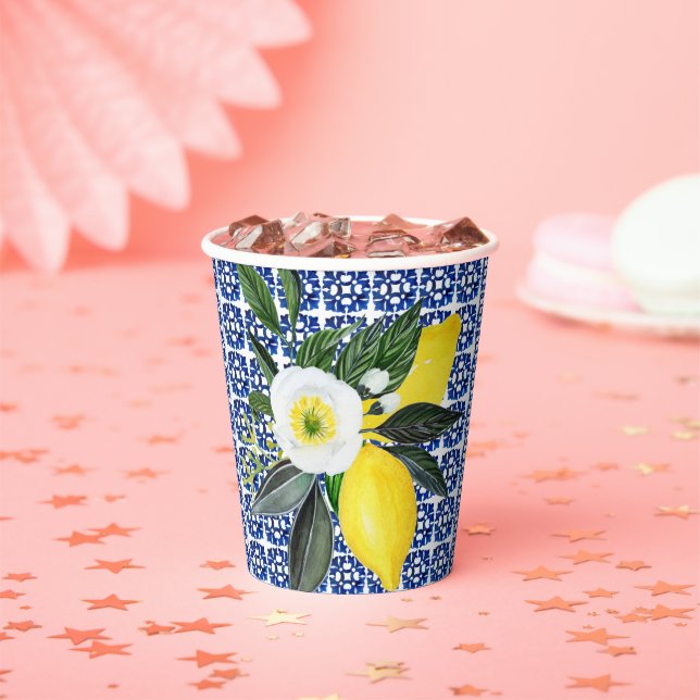 Mediterranean Lemons Blue Tile Paper Cups (Insitu)
