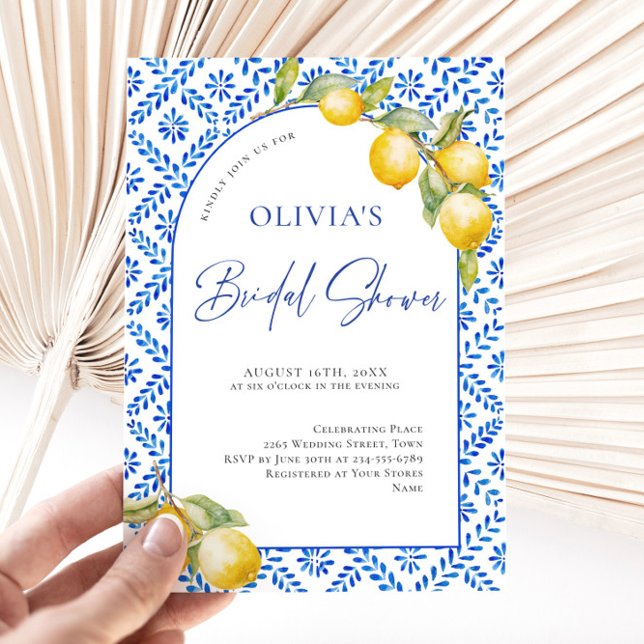 Mediterranean Lemons Blue Tiles Bridal Shower Invitation (Creator Uploaded)