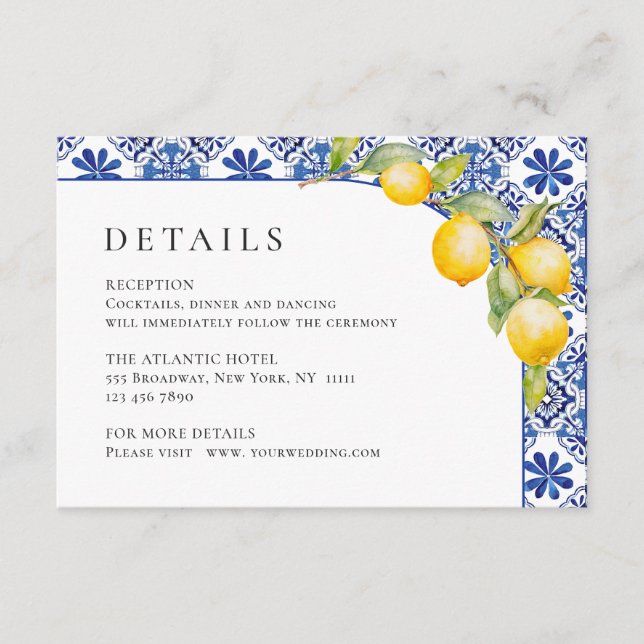 Mediterranean Lemons Blue Tiles Wedding Details Enclosure Card (Front)