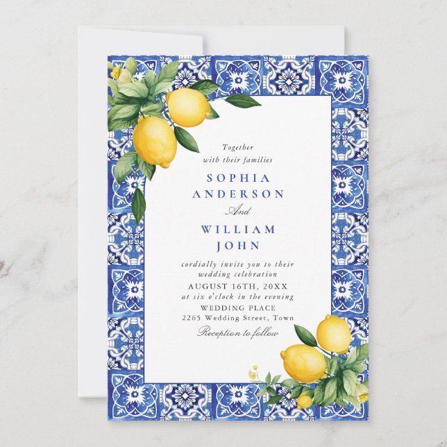 Mediterranean Lemons Blue Tiles Wedding Invitation (Front)