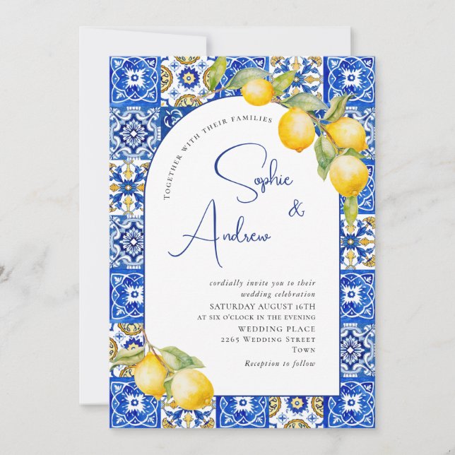 Mediterranean Lemons Blue Tiles Wedding Invitation (Front)