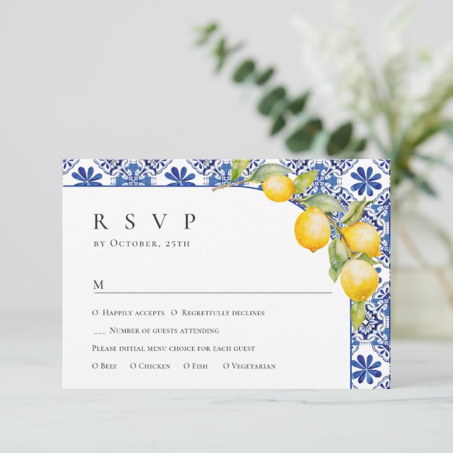 Mediterranean Lemons Blue Tiles Wedding RSVP Card (Standing Front)