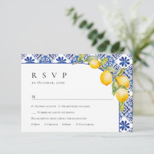 Mediterranean Lemons Blue Tiles Wedding RSVP Card