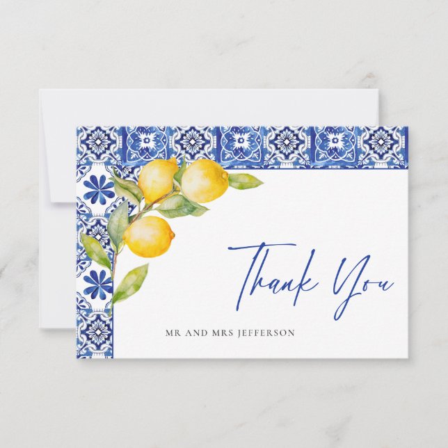 Mediterranean Lemons Blue Tiles Wedding Thank You Card (Front)