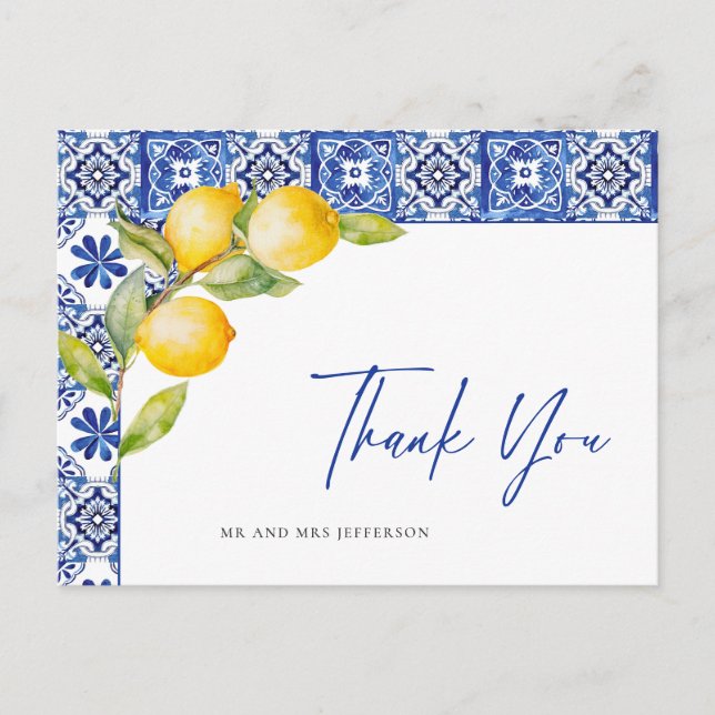 Mediterranean Lemons Blue Tiles Wedding Thank You Postcard (Front)