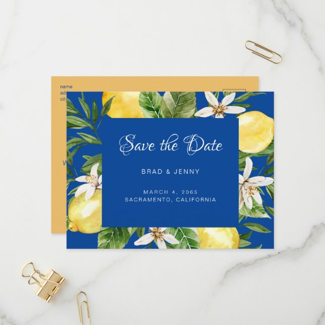 Mediterranean Lemons Blue Wedding Save the Date Invitation Postcard (Front/Back In Situ)
