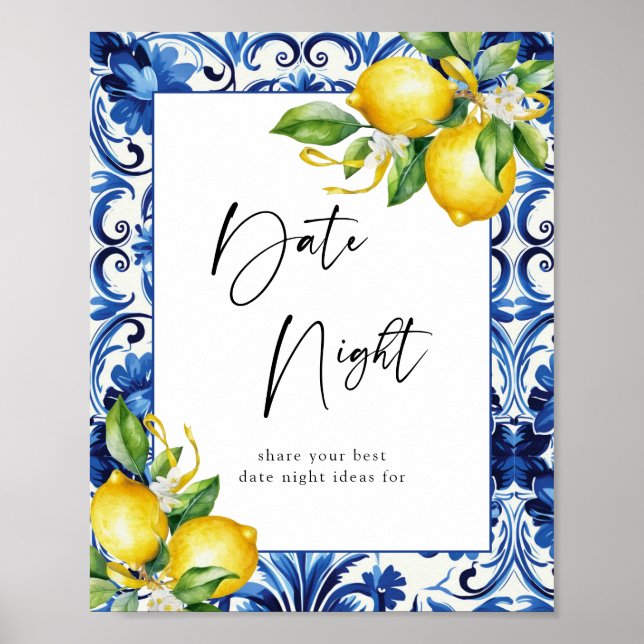 Mediterranean Lemons Bridal Shower Date Night Sign (Front)