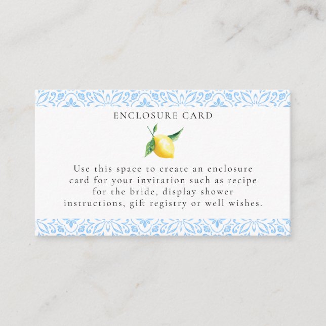 Mediterranean Lemons Bridal Shower Enclosure Card (Front)