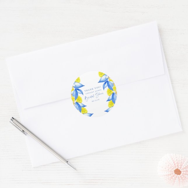Mediterranean Lemons Bridal Shower Thank You Classic Round Sticker (Envelope)