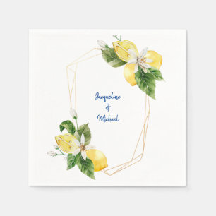 Mediterranean Lemons & Cobalt Blue Text Cocktail  Napkin