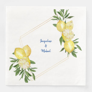 Mediterranean Lemons & Cobalt Blue Text Dinner  Napkin
