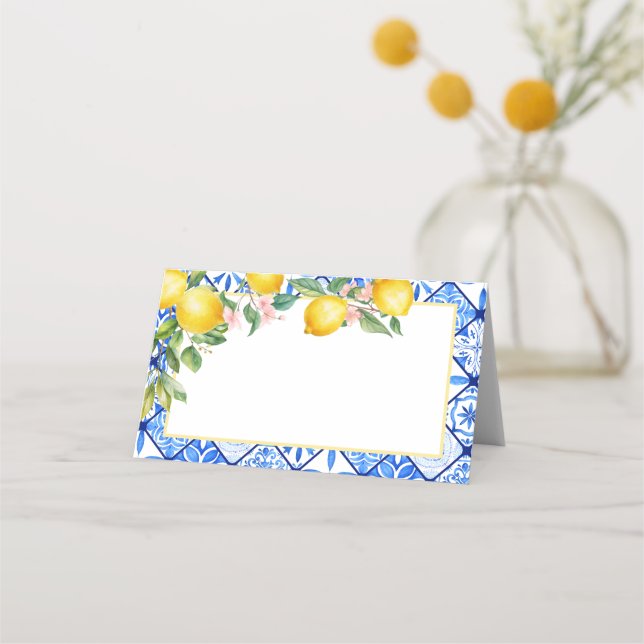 Mediterranean Lemons Italian Blue Tiles Food Label Place Card (Front)