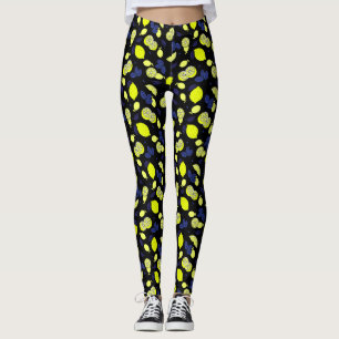 Mediterranean Lemons Leaves Blue Black Yellow Leggings