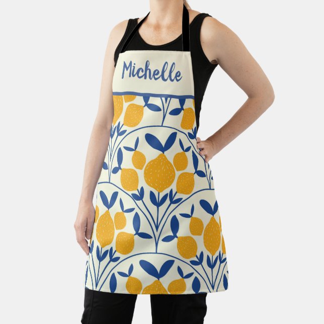 Mediterranean Lemons on Blue scallop shape custom  Apron (Insitu)