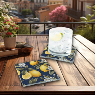Mediterranean Lemons on Navy Italian Bar Glass Coaster