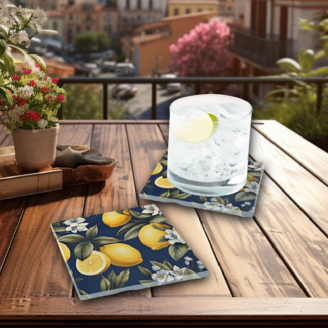 Mediterranean Lemons on Navy Italian Bar Glass Coaster (Italian Lemons on Navy
Coasters)