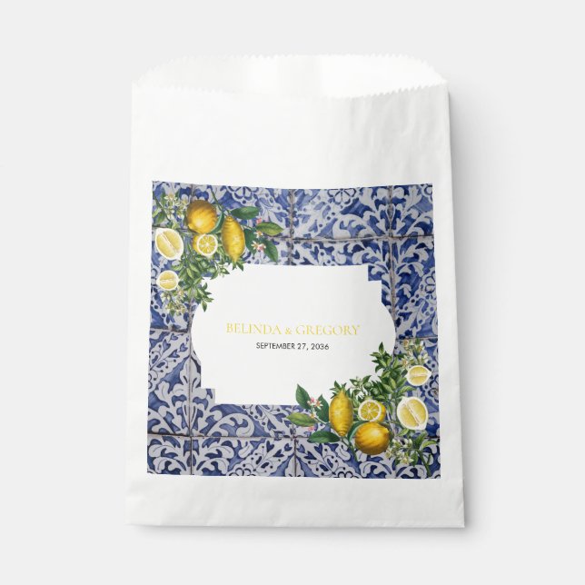 Mediterranean Lemons Portuguese Tiles Wedding  Favour Bags (Front)