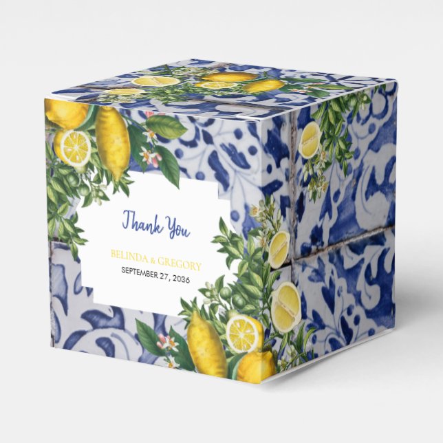 Mediterranean Lemons Portuguese Tiles Wedding Favour Box (Front Side)
