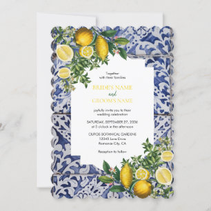 Mediterranean Lemons Portuguese Tiles Wedding Invitation