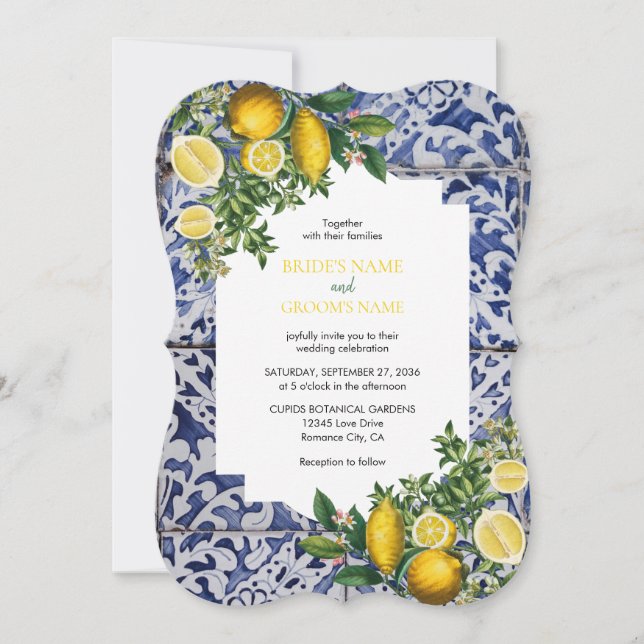 Mediterranean Lemons Portuguese Tiles Wedding  Invitation (Front)