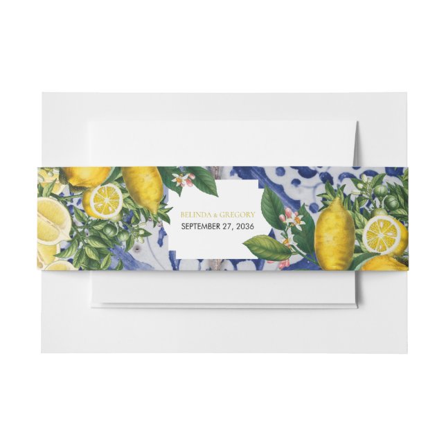 Mediterranean Lemons Portuguese Tiles Wedding Invitation Belly Band (Front Example)