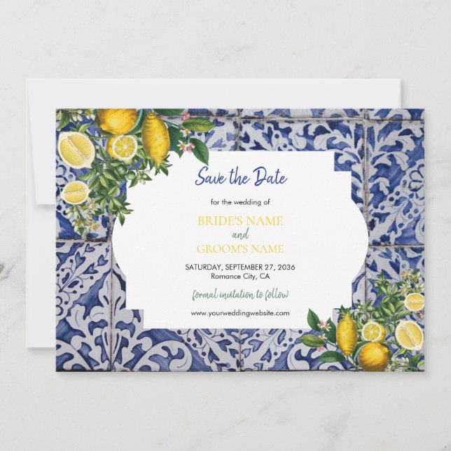 Mediterranean Lemons Portuguese Tiles Wedding Save The Date (Front)