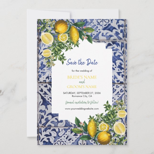 Mediterranean Lemons Portuguese Tiles Wedding Save The Date (Front)