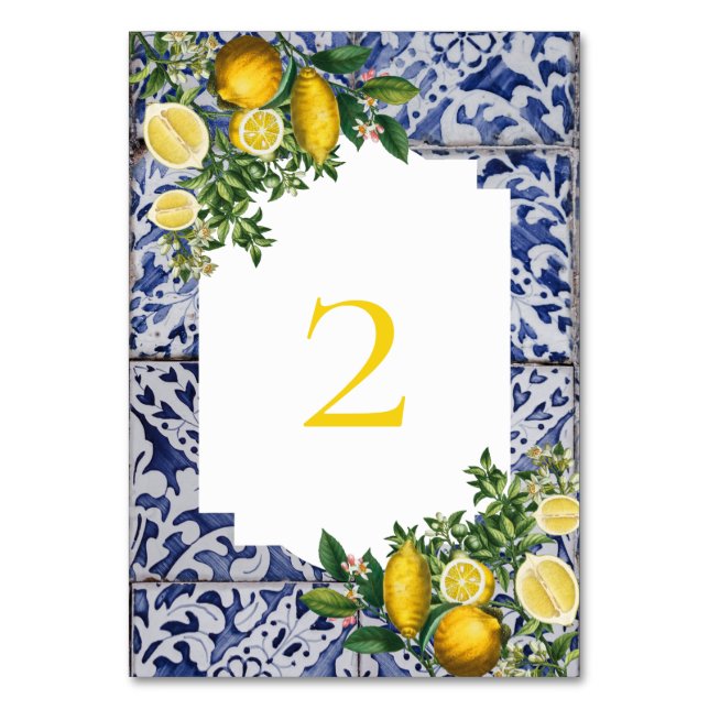 Mediterranean Lemons Portuguese Tiles Wedding Table Number (Front)