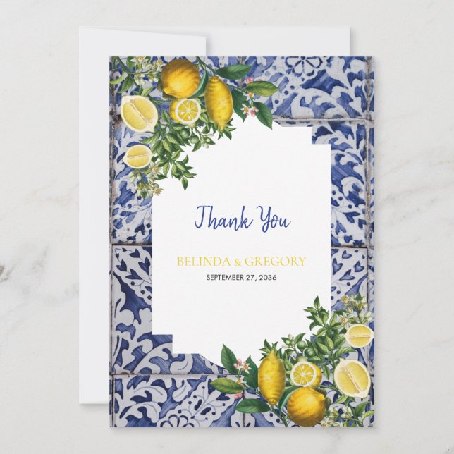 Mediterranean Lemons Portuguese Tiles Wedding  Thank You Card (Front)