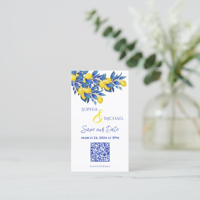 Mediterranean-Lemons-Save the Date-QR code- Business Card (Standing Front)
