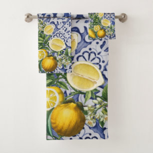 Mediterranean Lemons Summer Portuguese Tiles  Bath Towel Set