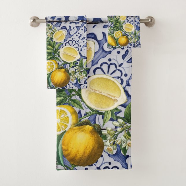 Mediterranean Lemons Summer Portuguese Tiles  Bath Towel Set (Insitu)