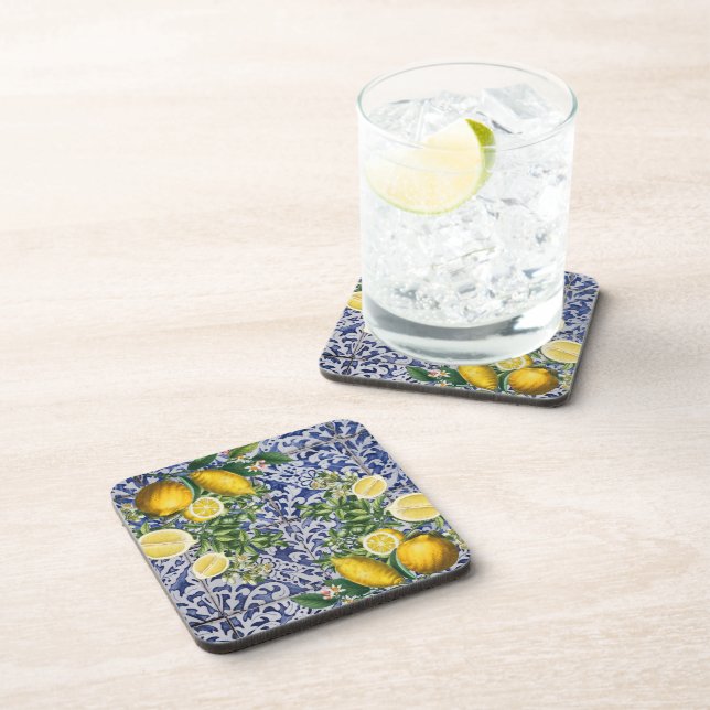 Mediterranean Lemons Summer Portuguese Tiles Coaster (Right Side)