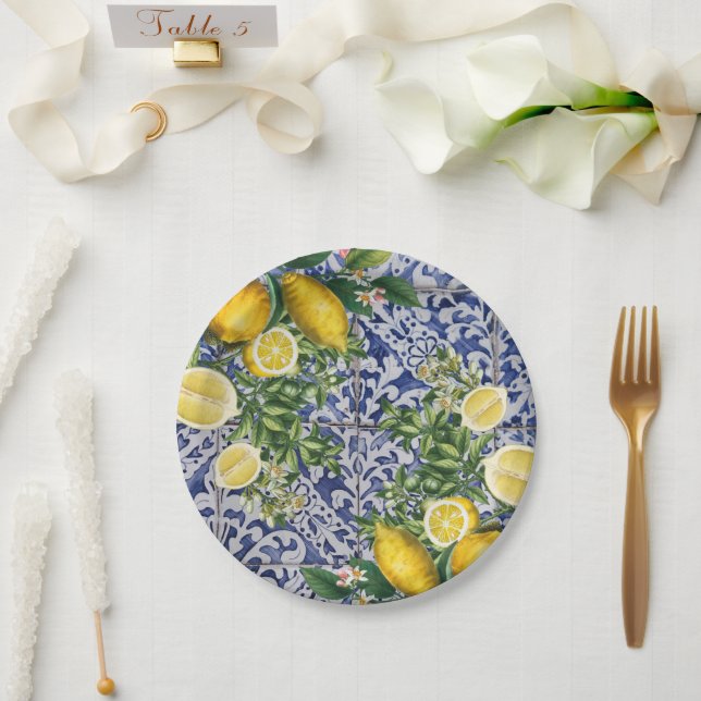 Mediterranean Lemons Summer Portuguese Tiles Paper Plate (Wedding)