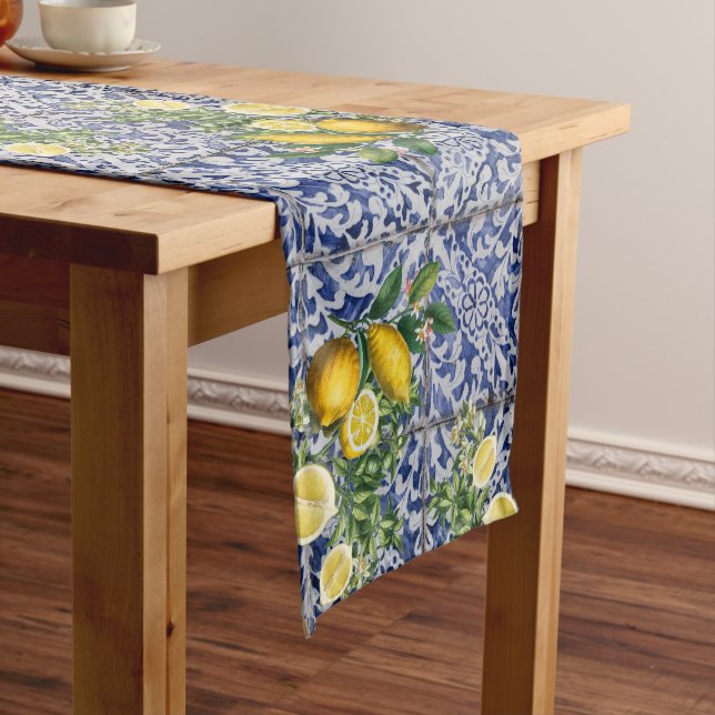 Mediterranean Lemons Summer Portuguese Tiles  Short Table Runner (In Situ)