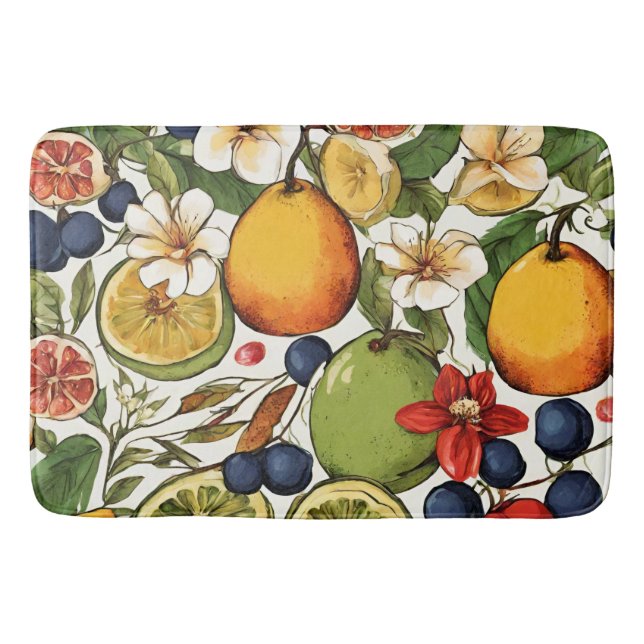 Mediterranean Limes, Lemons and Flowers. Painted Bath Mat (Front)