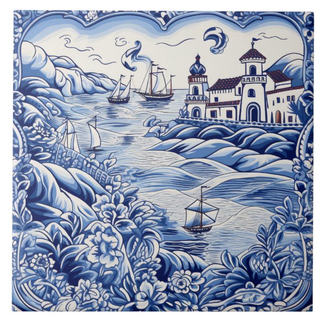 Mediterranean lovers blue white  tile (Front)