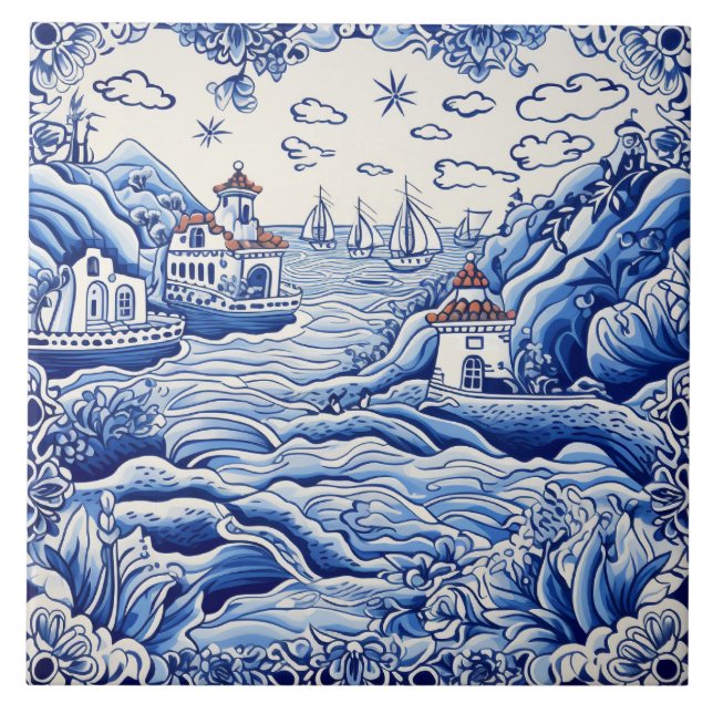 Mediterranean lovers blue white  tile (Front)