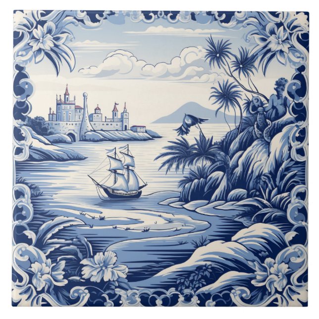 Mediterranean lovers blue white  tile (Front)