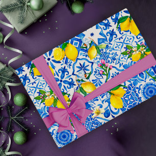 Mediterranean Majolica Blue Sicilian Citrus Wrapping Paper