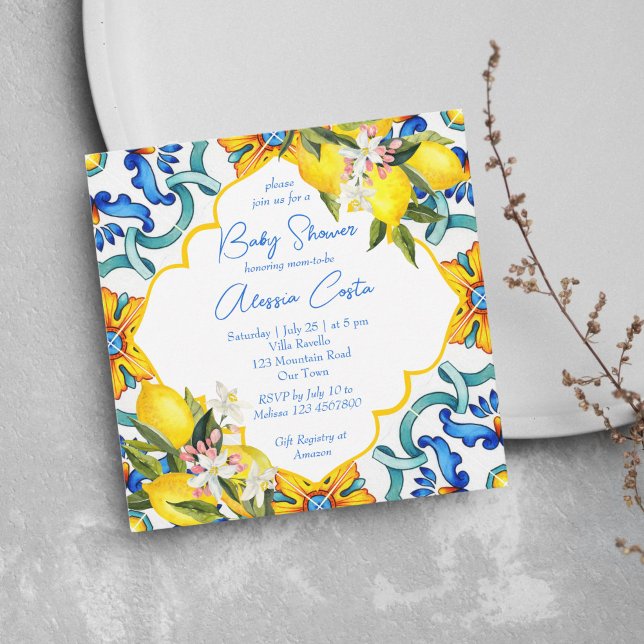 Mediterranean Majolica tiles lemons baby shower Invitation (Creator Uploaded)