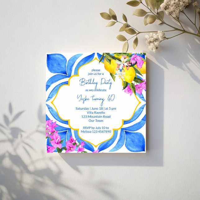 Mediterranean Majolica tiles lemons birthday party Invitation (Mediterranean blue Majolica tiles lemons bougainvillea  birthday party Invitation template)
