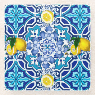 Mediterranean,majolica,tiles ,lemons,citrus  glass coaster