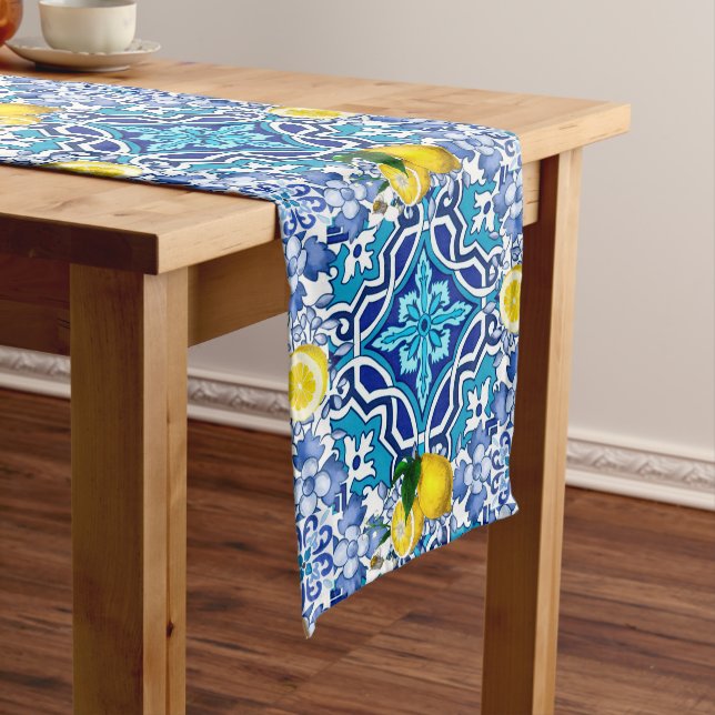 Mediterranean,majolica,tiles ,lemons,citrus long table runner (In Situ)