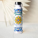 Mediterranean Majolica tiles print blue and yellow Water Bottle<br><div class="desc">Bridesmaid gift bridal party favours Majolica blue yellow tiles personalised name water bottle.</div>