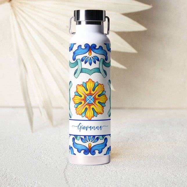 Mediterranean Majolica tiles print blue and yellow Water Bottle (Bridesmaid gifts personalized bane water bottle blue and yellow Majolica tiles Mediterranean themed)