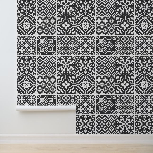 Mediterranean Monochrome Mosaic Tile Wallpaper (Application)