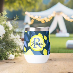 Mediterranean Monogram Name Chic Lemons Blue Leaf