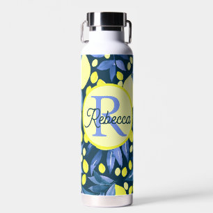 Mediterranean Monogram Name Chic Lemons Blue Leaf Water Bottle
